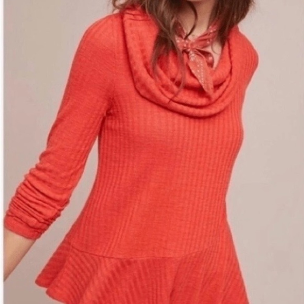 Anthropologie Maeve Addie Ruffled Hacci Pullover Orange Cowl Neck Sweater Size S